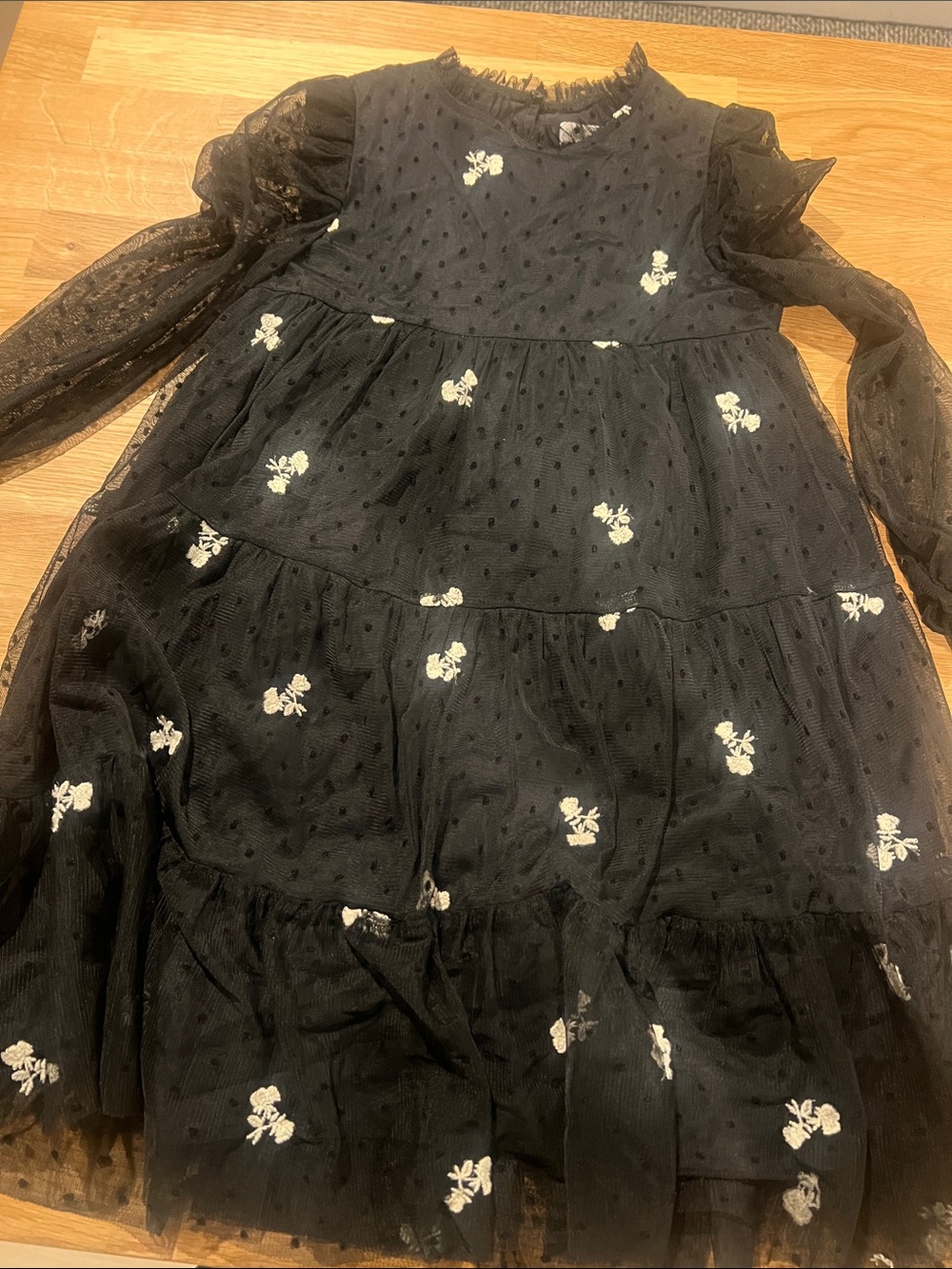 Zara Black Tiered Mesh Dress with White Floral Embroidery
